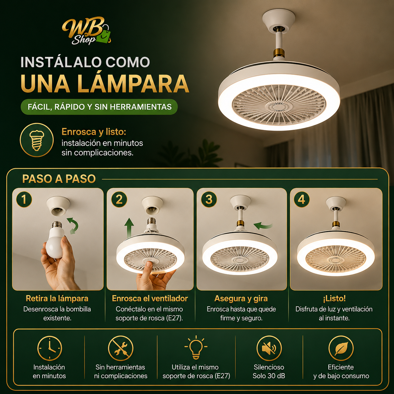 Ventilador Silencioso con Luz - dos en uno