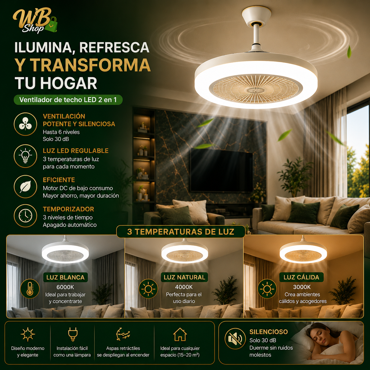 Ventilador Silencioso con Luz - dos en uno