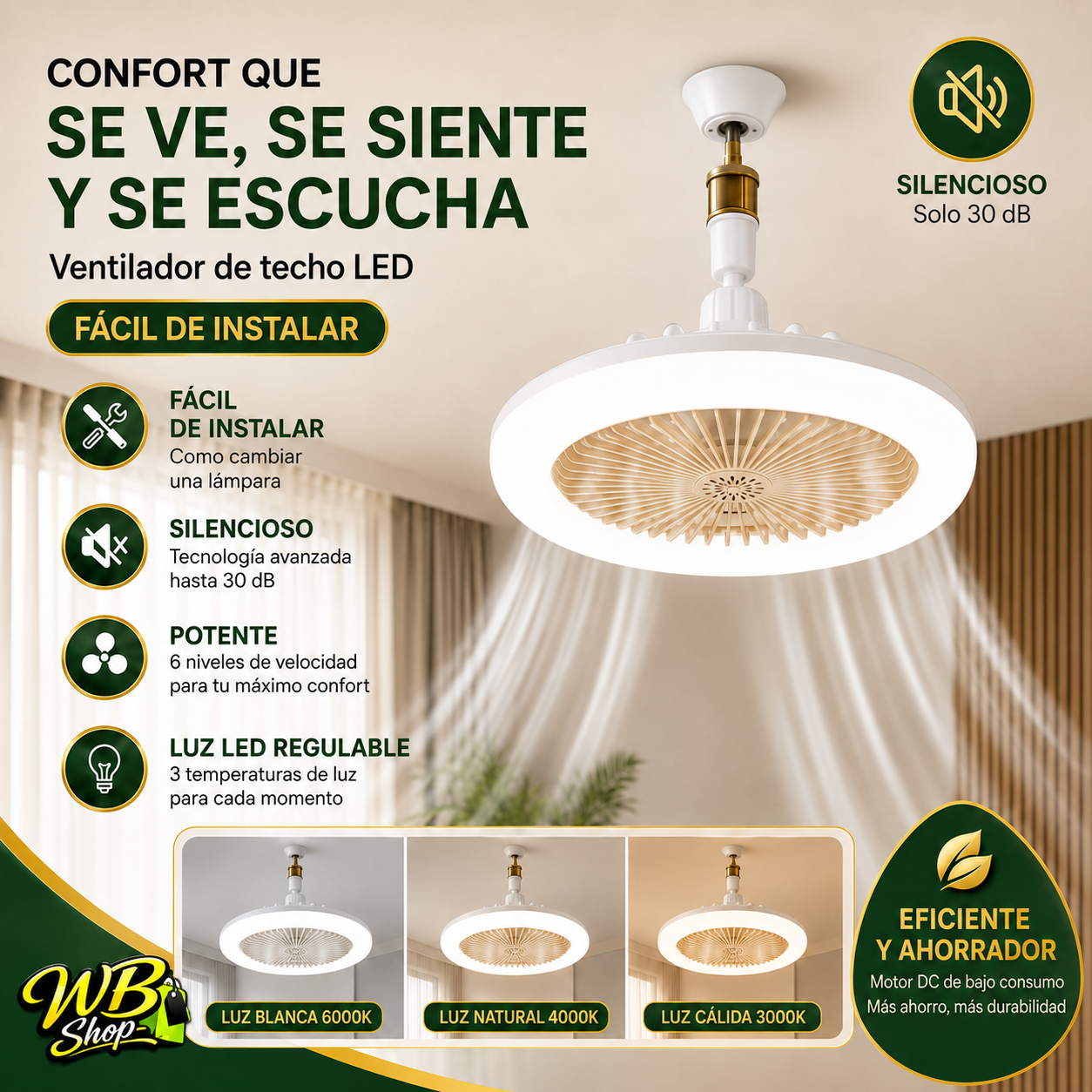 Ventilador Silencioso con Luz - dos en uno